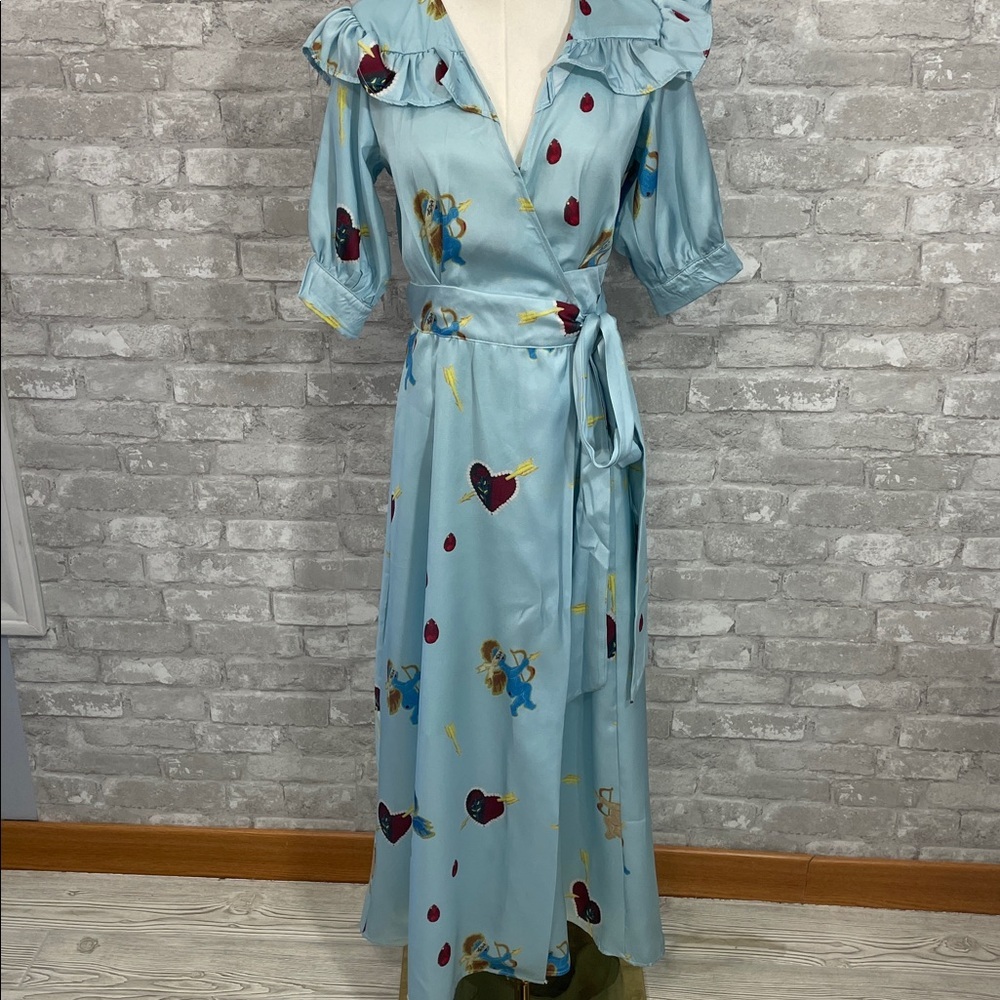 HEIND Elegant Blue Wrap Hearts and Cherubs Wrap Dress